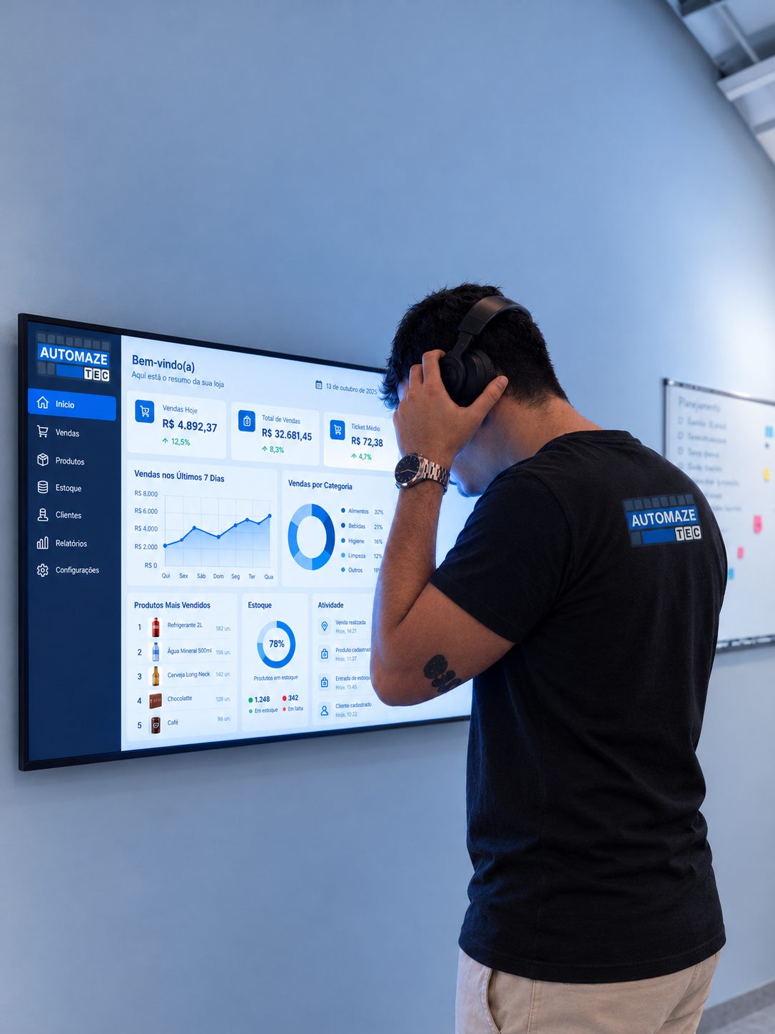 Paulo, da Automaze Tec, diante de um painel de vendas com o logo da Automaze